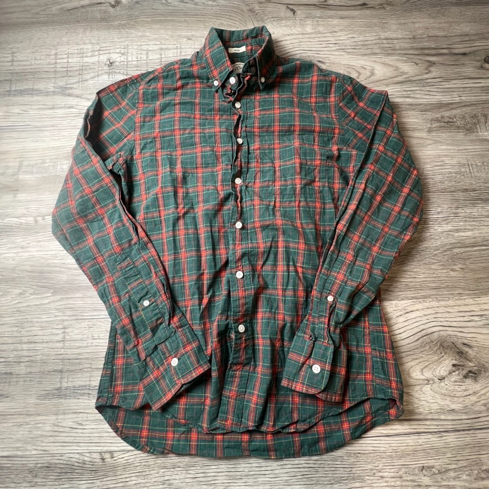 J.Crew Button Down Shirt Mens Small Green Red Plaid‎ Slim Fit Cotton Y67